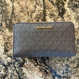 Michael Kors Brown MK Logo Zip Wallet with Gold Tone Hardware